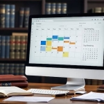 Bir hukuk ofisinde takvim, saat ve dijital ekran üzerinde gün hesaplama grafikleri.