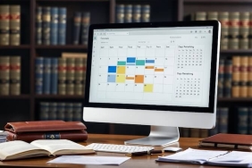 Bir hukuk ofisinde takvim, saat ve dijital ekran üzerinde gün hesaplama grafikleri.