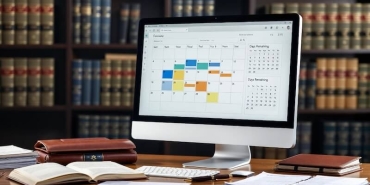 Bir hukuk ofisinde takvim, saat ve dijital ekran üzerinde gün hesaplama grafikleri.