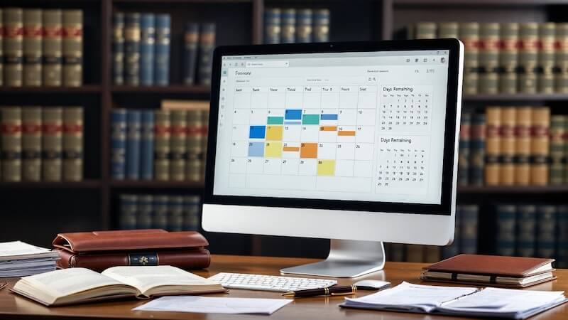 Bir hukuk ofisinde takvim, saat ve dijital ekran üzerinde gün hesaplama grafikleri.